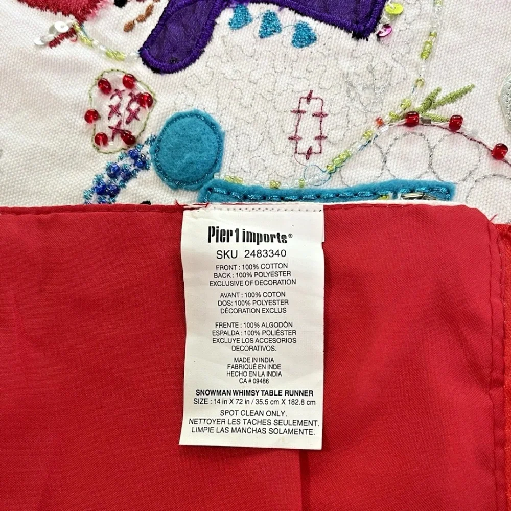Pier 1 Imports Christmas Table Runner Snowman Whimsy Embellished Beaded 14”X72”